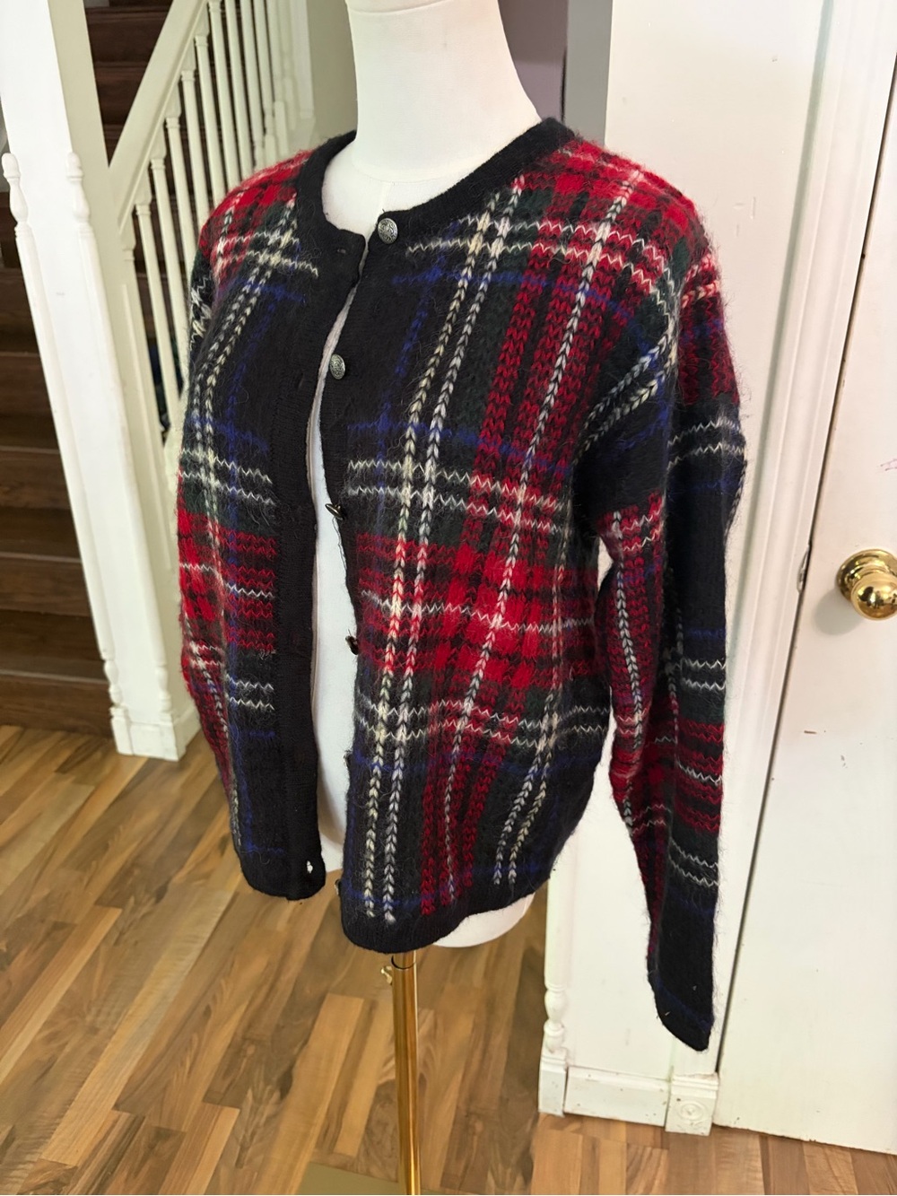 Vintage Red / Black Tartan Plaid Crewneck Cardigan Mohair Sweater, Medium, EUC